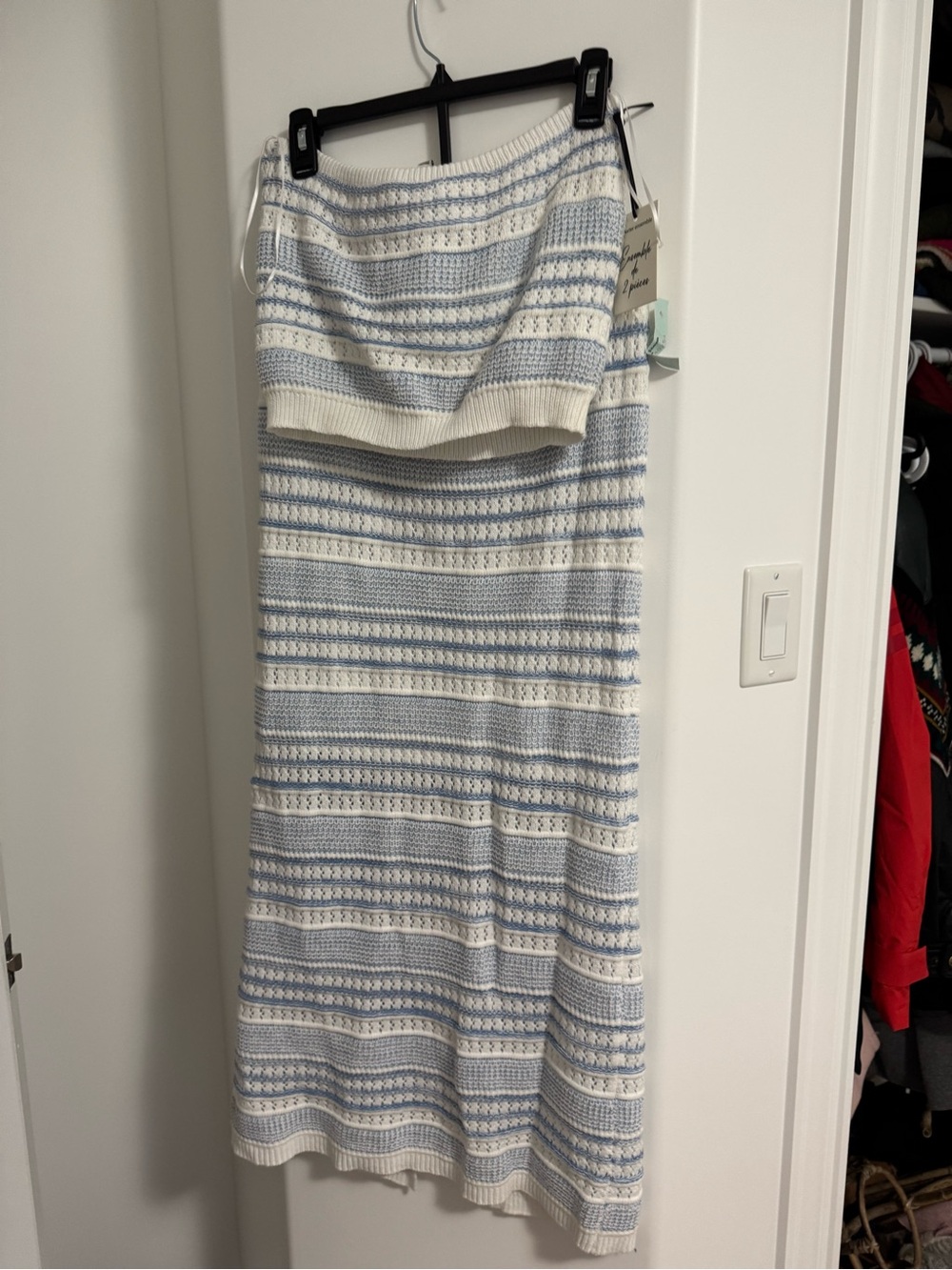 NWT FRESHMAN 1995 crochet Striped Knit Maxi Skirt in Light Blue and White